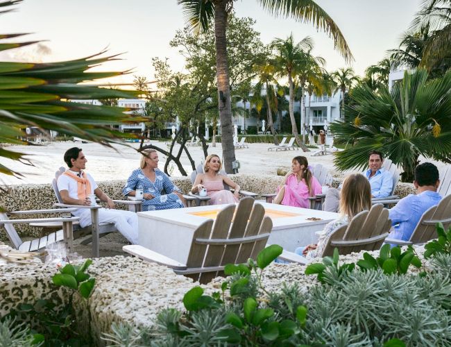 A group of people sit outside in a tropical setting, surrounded by palm trees and greenery, enjoying a relaxed conversation by the beach.