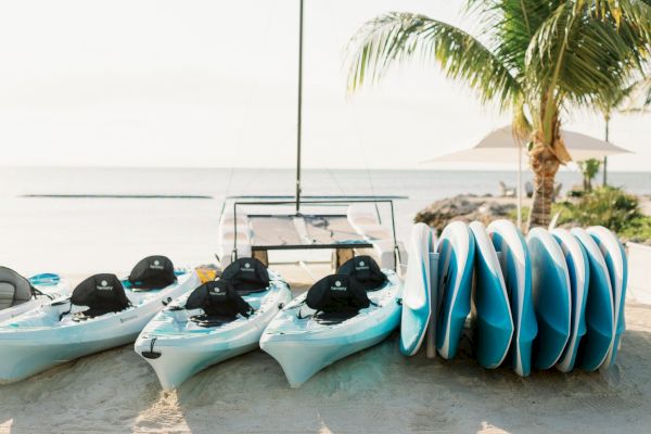 The image shows kayaks and stand-up paddleboards arranged on a sandy beach by the ocean, with a palm tree and a lounge chair in the background.