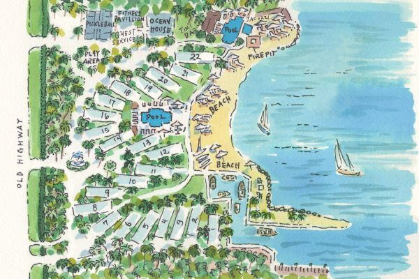 The image depicts a hand-drawn map of a coastal resort, showing pools, a marina, beaches, and various recreational areas. Sailboats are on the water.