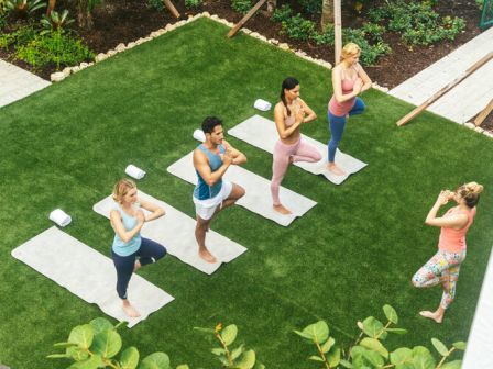 A group of people practicing yoga outdoors on a grass lawn, following an instructor's guidance while standing on yoga mats.