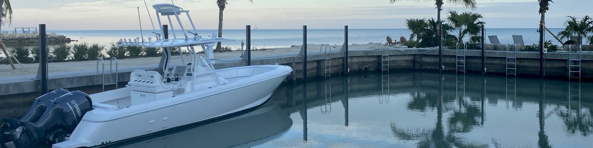 A white boat floating in a calm dock surrounded by palm trees, with clear skies and the ocean in the background, creating a serene scene.