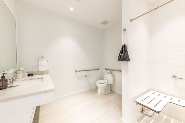 The image shows a clean, modern, and accessible bathroom with a shower, toilet, and sink, all equipped with safety grab bars.