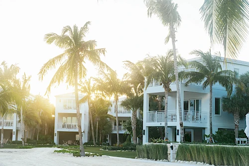 The image shows white villas surrounded by palm trees at sunset, creating a tropical and serene atmosphere.