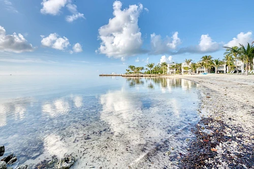 A serene beach scene with calm, clear waters reflecting clouds and palm trees under a blue sky; buildings line the shoreline in the background.