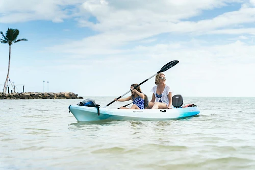 Two people are kayaking on calm waters near a small rocky area with a single palm tree in the background, under a partly cloudy sky.