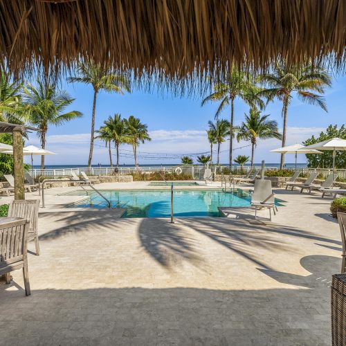 A tropical outdoor seating area with a pool, surrounded by palm trees and a thatched roof. Tables and umbrellas enhance relaxation here.