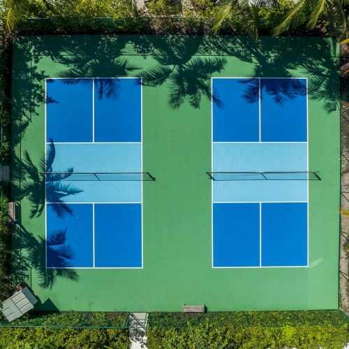 The image shows two blue tennis courts surrounded by lush green trees and foliage.