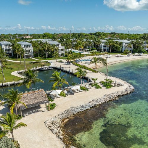 Tropical beach scene with palm trees, cabanas, clear water, and modern buildings in the background. Serene and picturesque setting.