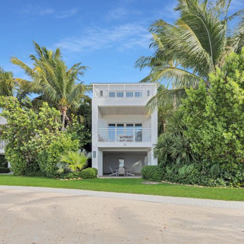 The image shows a modern white house surrounded by lush greenery and palm trees, set against a clear blue sky.