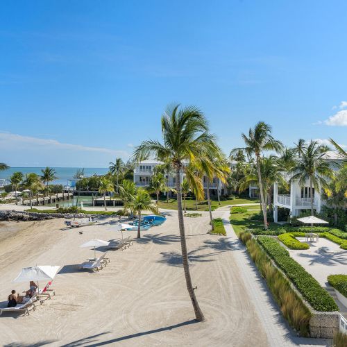 A sandy beach with palm trees, umbrellas, and lounge chairs; resort-style buildings in the background under a clear blue sky.