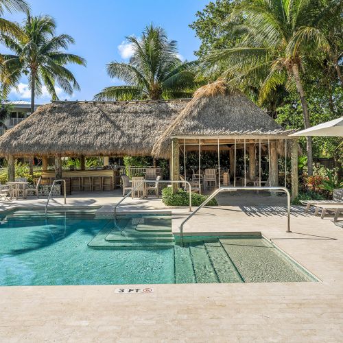 A tropical poolside setting with a thatched-roof bar, palm trees, lounge chairs, and umbrellas under a clear blue sky.