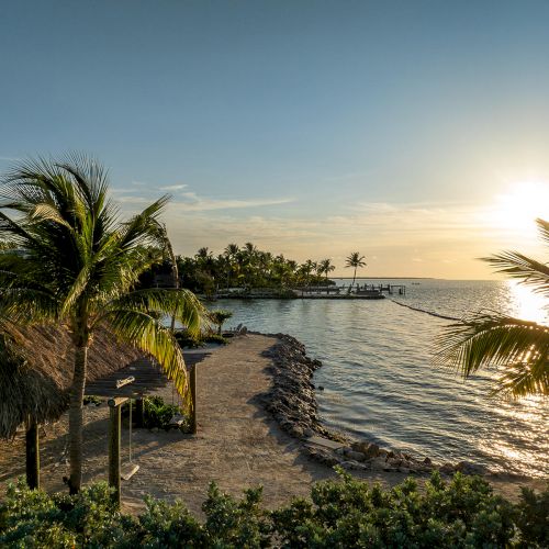 A tropical beach scene with palm trees, a rocky pathway, and the sun setting over the ocean, providing a serene and picturesque view.