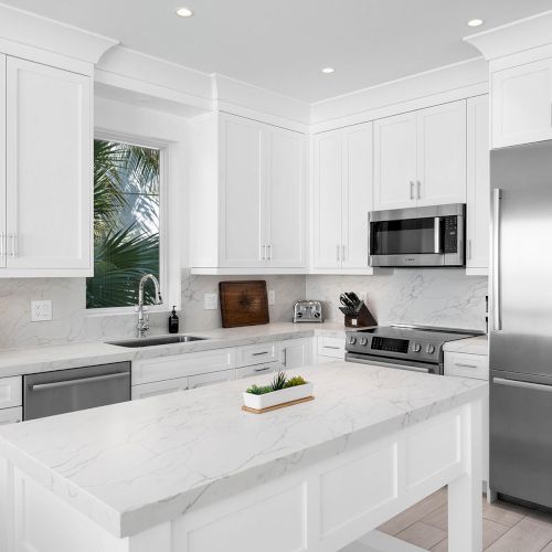 A modern kitchen with white cabinets, marble countertops, stainless steel appliances, and a small potted plant on the island.