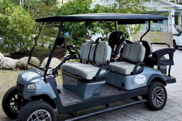 The image shows a golf cart with four seats on a paved path, surrounded by greenery and trees.