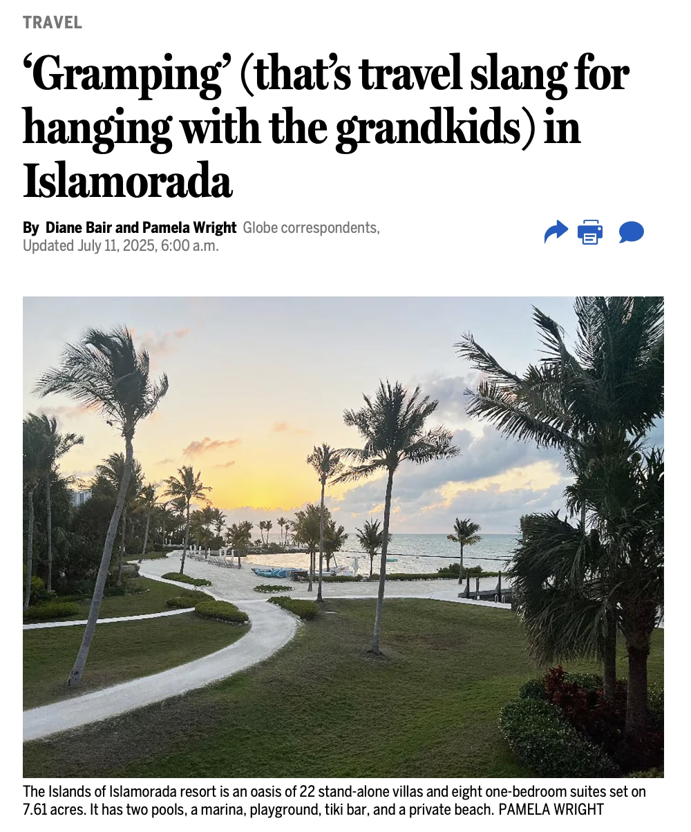 The image shows a travel article about "Gramping" in Islamorada with a sunset view and palm trees; villas and amenities pictured.