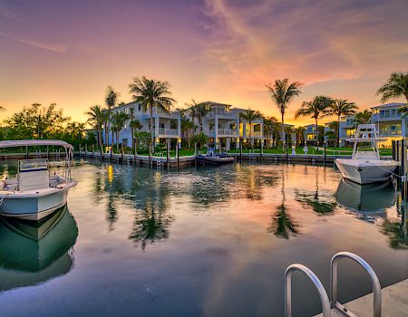 A serene marina at sunset with palm trees, docked boats, and luxury houses reflected in the calm water.